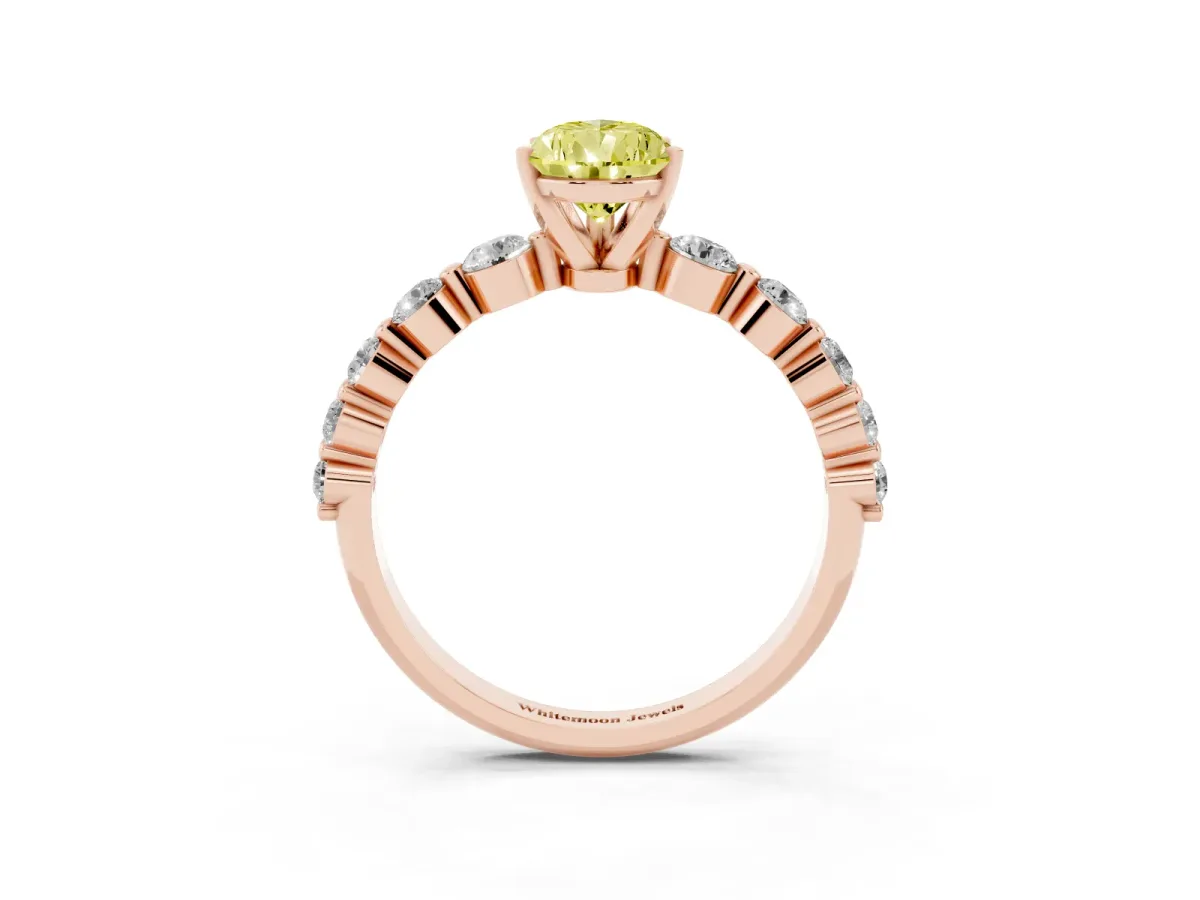 Fancy Yellow Pear Cut Solitaire Diamond Ring with Pave Band and Four-Prong Setting Rose gold