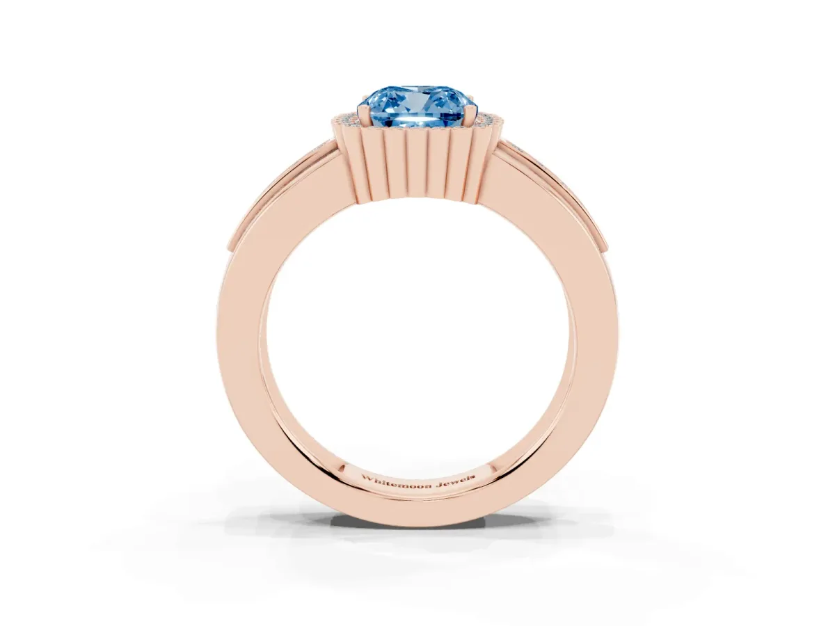 Fancy Blue Cushion Cut Cut Halo Pave Band Four-Prong Ring Rose gold