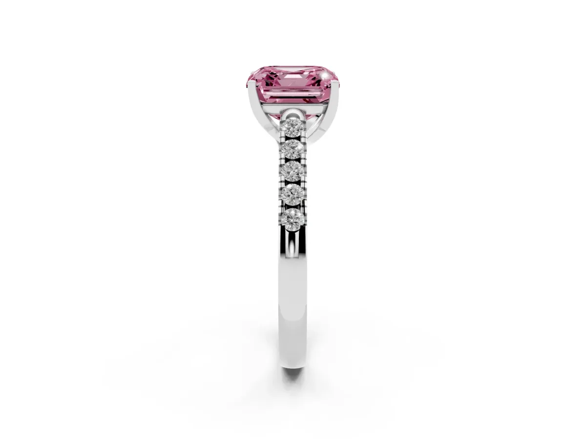 Fancy Pink Asscher Cut Diamond Pavé Band Solitaire Ring with Prong Setting Platinum