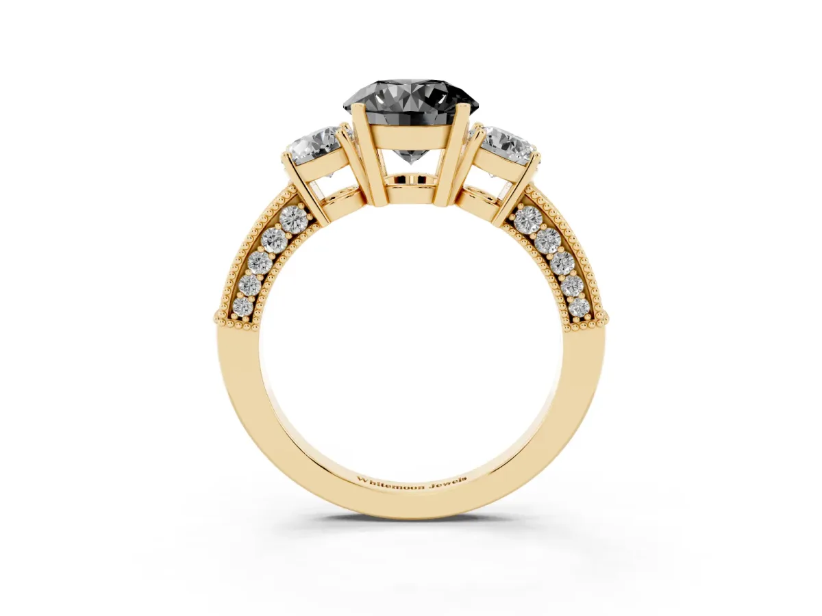 Fancy Black Round Cut Three-Stone Diamond Ring with Pavé Band and Four-Prong Setting Yellow gold