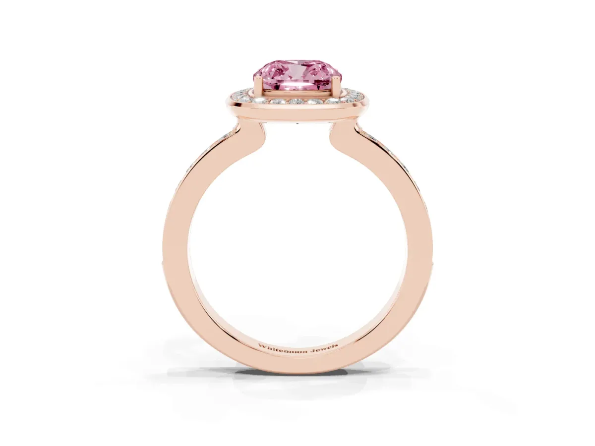 Fancy Pink Cushion Cut Diamond Halo Ring with Bezel Frame and Pavé Band Rose gold