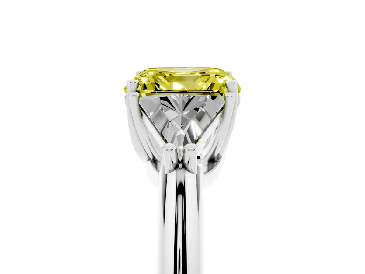 Fancy Yellow Three-Stone Asscher Cut Diamond Engagement Ring with Trillion Side Stones and Prong Setting Silver