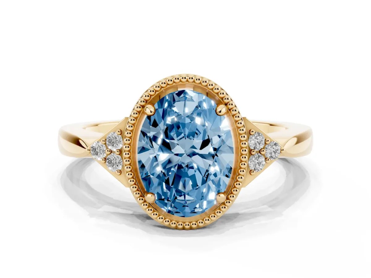 Fancy Blue Hexagonal Halo Oval Cut Diamond Solitaire with Pavé Band and Four-Prong Setting Yellow gold