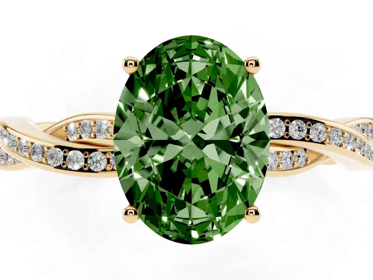 Fancy Green Oval Cut Solitaire Twisted Pave Diamond Ring with Four-Prong Setting Yellow gold