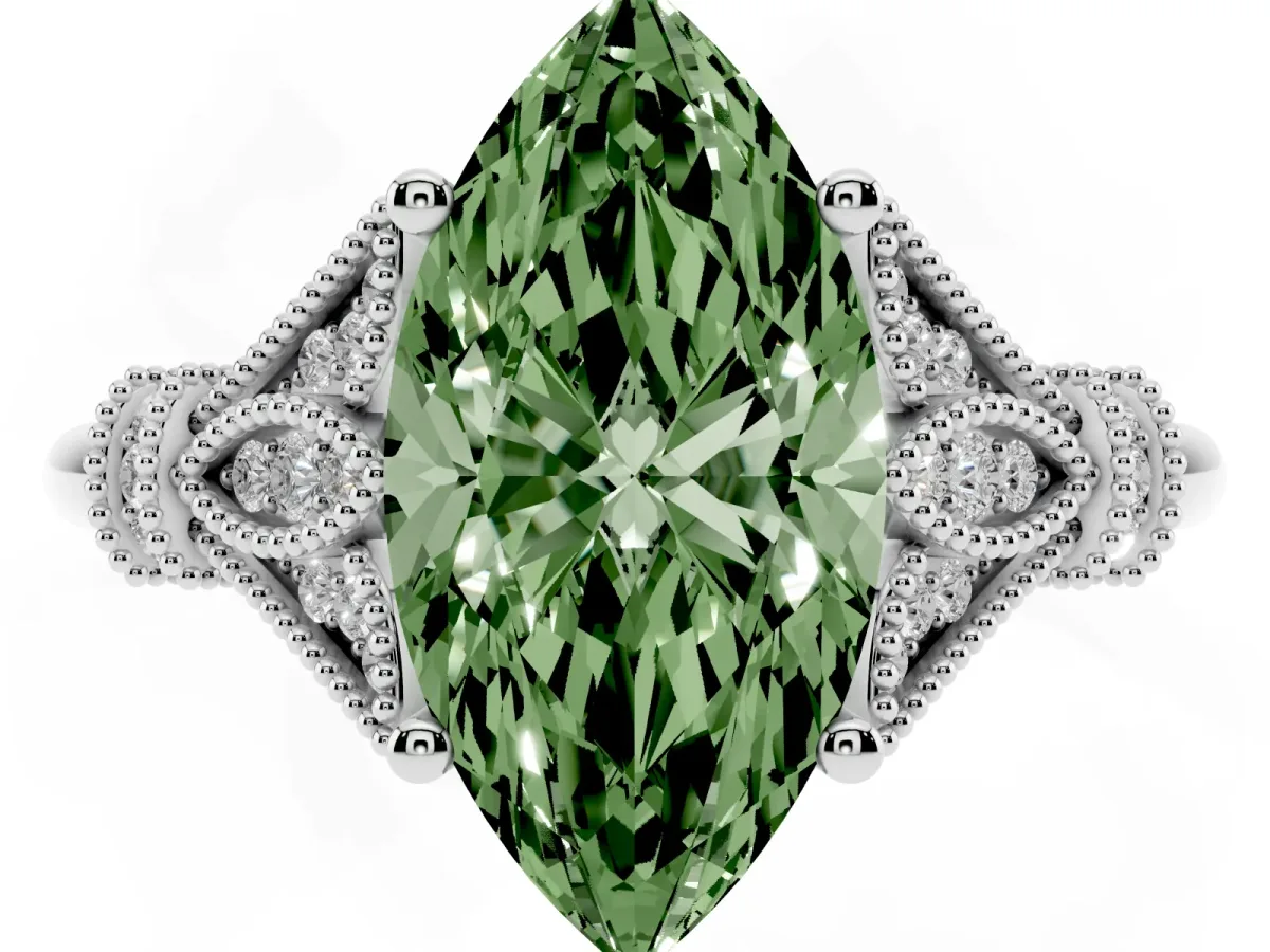 Fancy Green Marquise Cut Diamond Solitaire Ring with Floral Filigree and Pave Accents Platinum