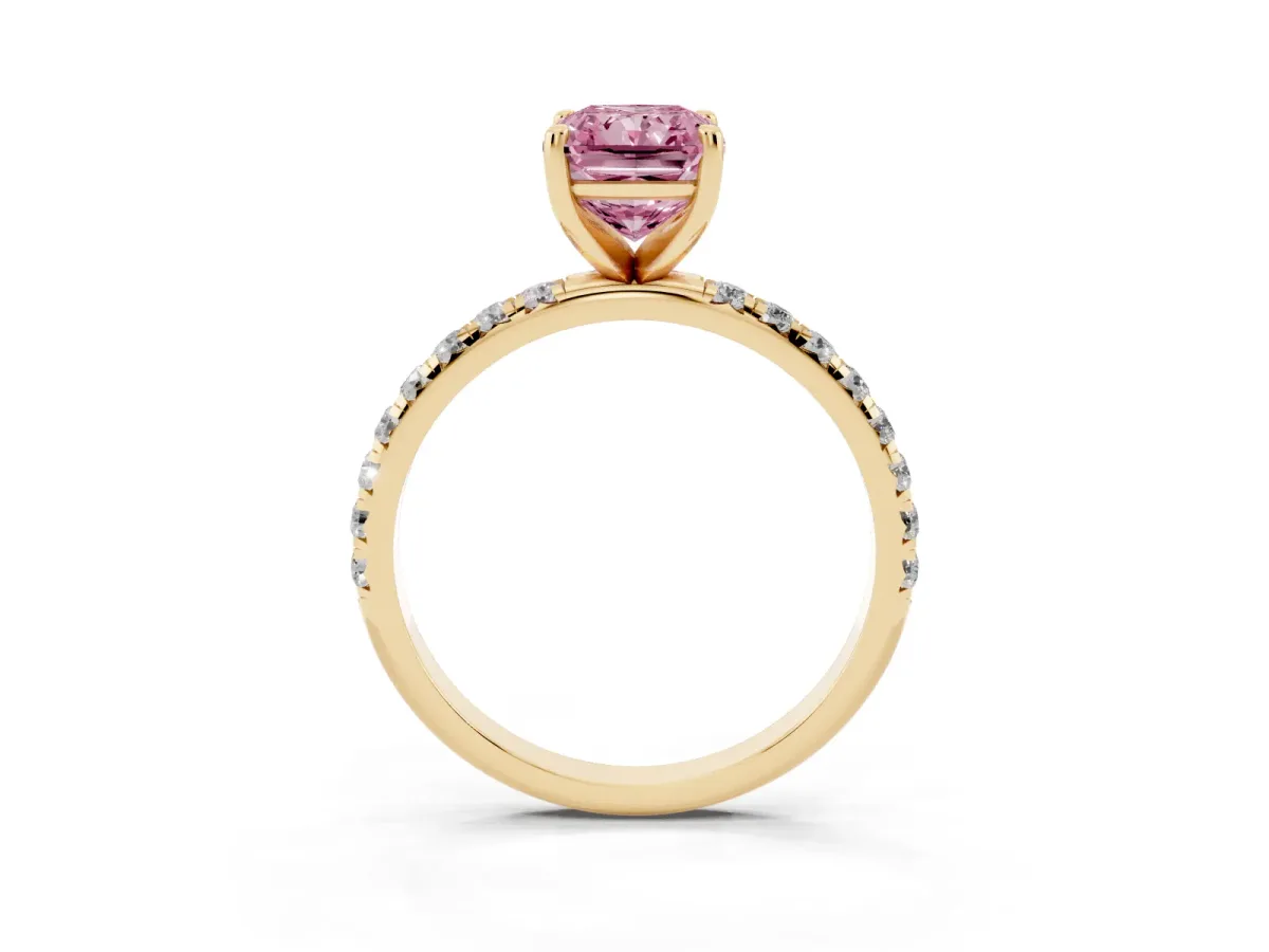 Fancy Pink Radiant Cut Cut Diamond Solitaire Ring with Micro Pave Band and Four Prong Setting Yellow gold