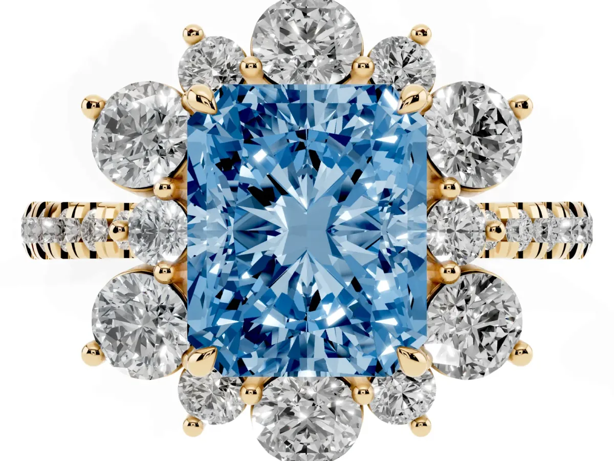 Fancy Blue Radiant Cut Diamond Floral Halo Ring with Round Pavé Band and Prong Setting Yellow gold