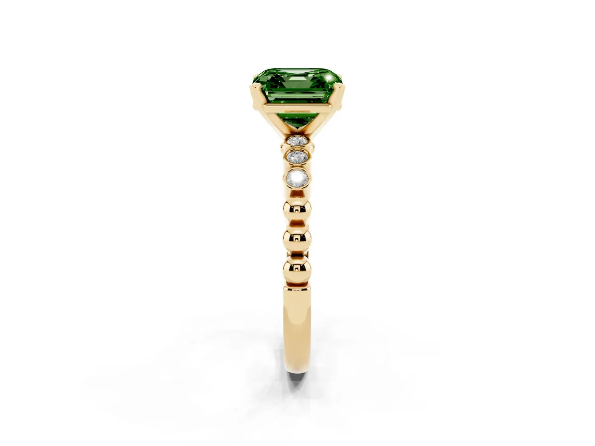 Fancy Green Asscher Cut Solitaire Bezel Accent Diamond Engagement Ring with Beaded Band and Four-Prong Setting Yellow gold