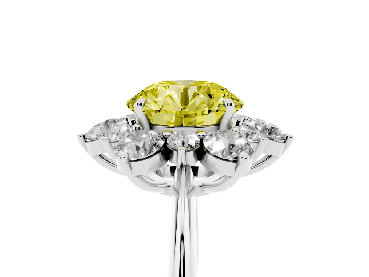 Fancy Yellow Round Cut Diamond Cluster Halo Ring with Solitaire Band and Four-Prong Setting White gold