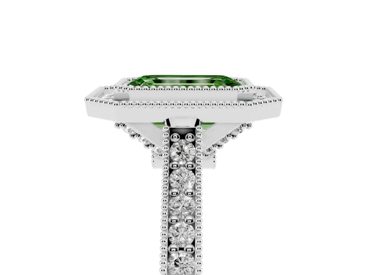 Fancy Green Halo Emerald Cut-Cut Diamond Pave Band Milgrain Prong Setting Ring Silver