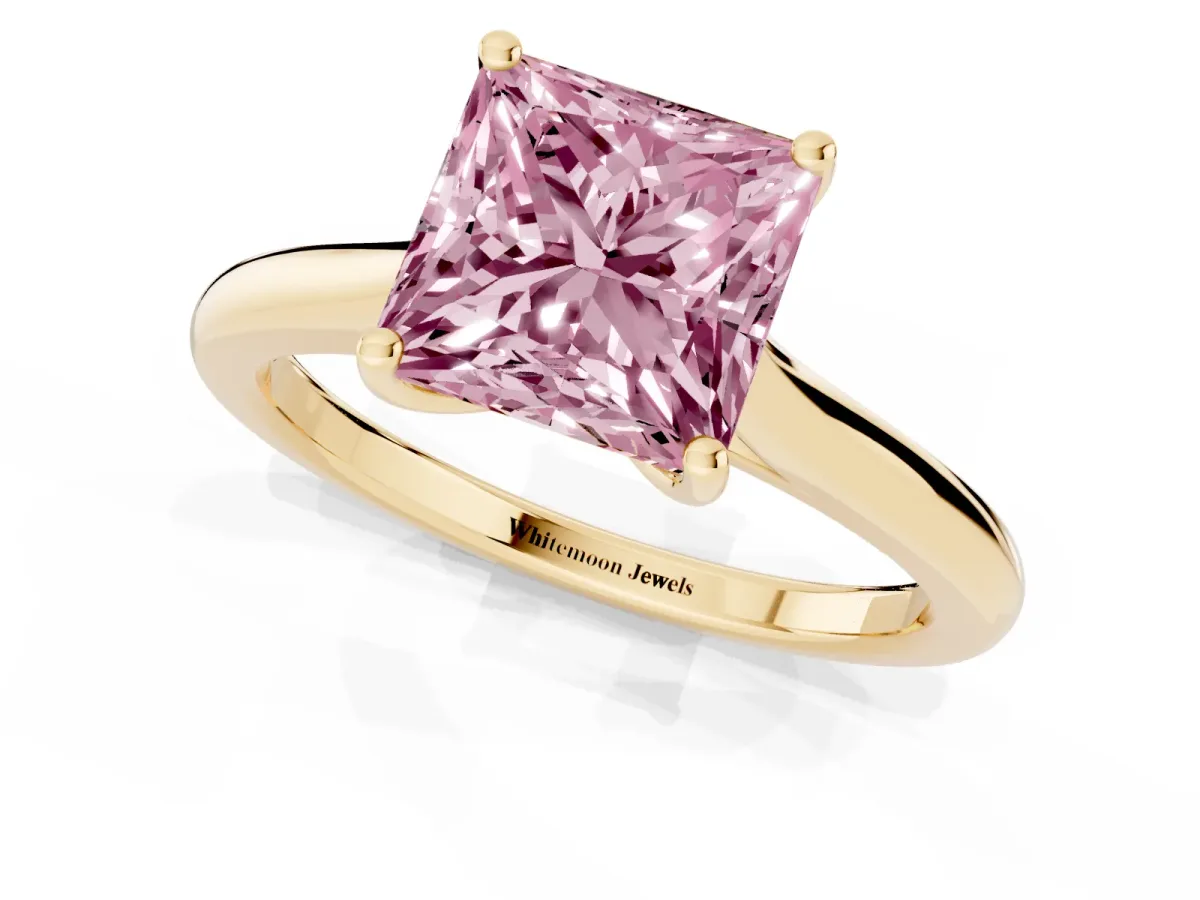 Fancy Pink Princess Cut Cut Solitaire Ring with Cathedral Band and Four-Prong Setting Yellow gold