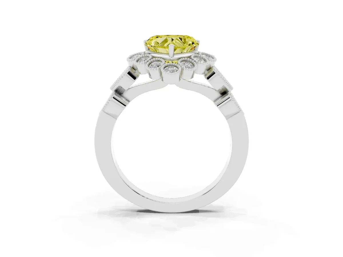 Fancy Yellow Heart Cut Brilliant Milgrain Pave Heart Band Solitaire Ring Platinum