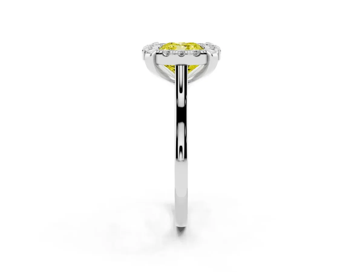 Fancy Yellow Cushion Cut Diamond Cluster Halo Solitaire with Four-Prong Setting Silver
