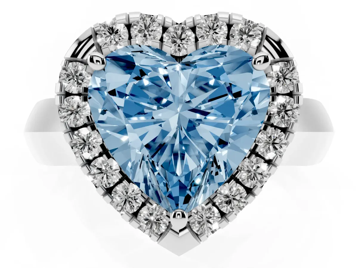 Fancy Blue Heart Cut Cut Halo Solitaire Engagement Ring with Square Band and Four-Prong Setting Silver