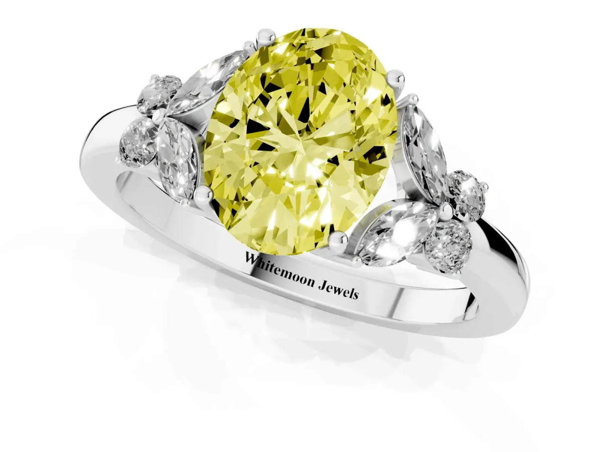 Fancy Yellow Oval Cut Cut Solitaire Floral Diamond Ring with Four-Prong Setting Platinum