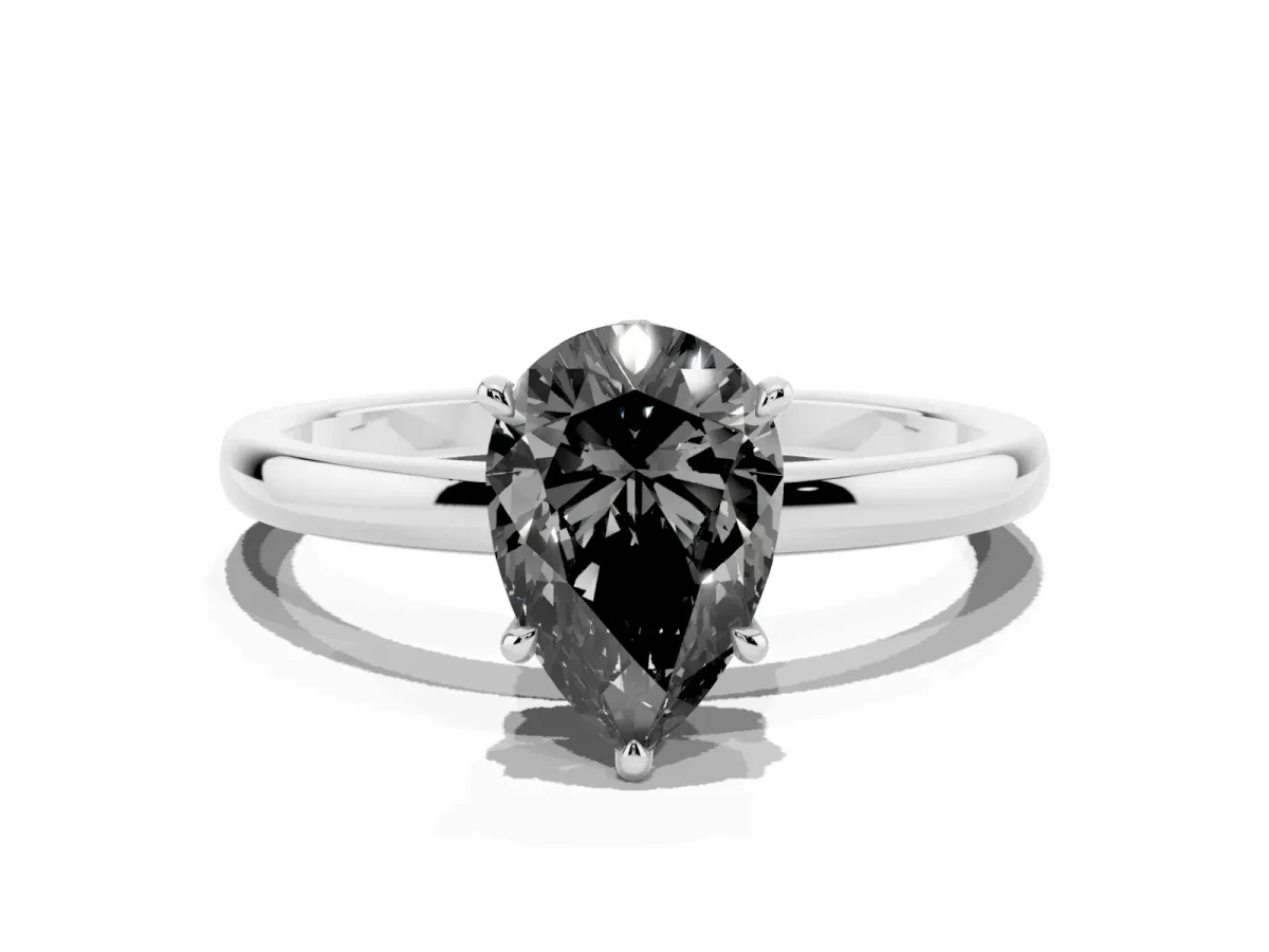 Fancy Black Pear Cut Solitaire Engagement Ring with Cathedral Band and Four-Prong Setting Silver