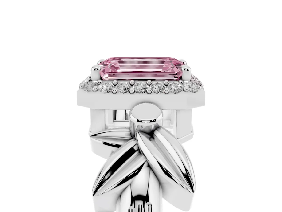 Fancy Pink Emerald Cut Halo Diamond Floral Band with Four-Prong Setting Platinum