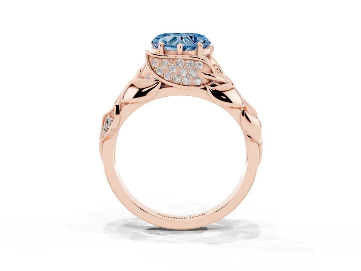 Fancy Blue Heart Cut Diamond Leaf-Inspired Engagement Ring with Round Accents and Prong Setting Rose gold