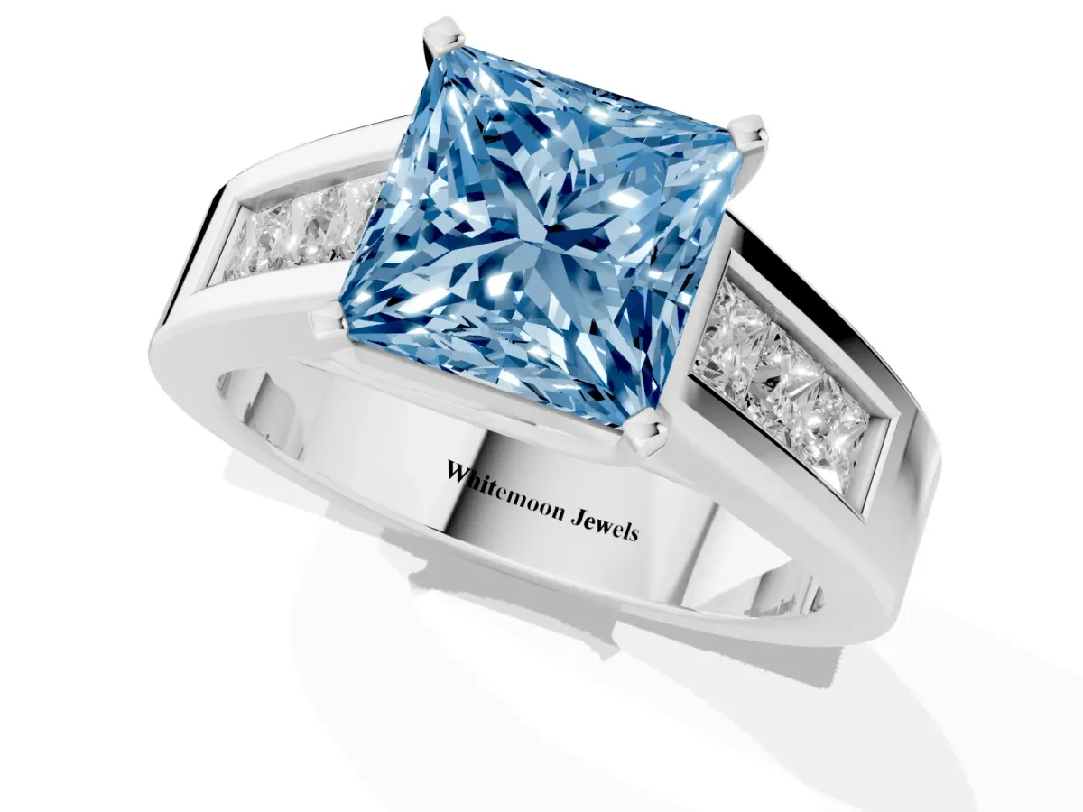 Fancy Blue Princess Cut Cut Channel Set Solitaire Ring with Four-Prong Setting Silver