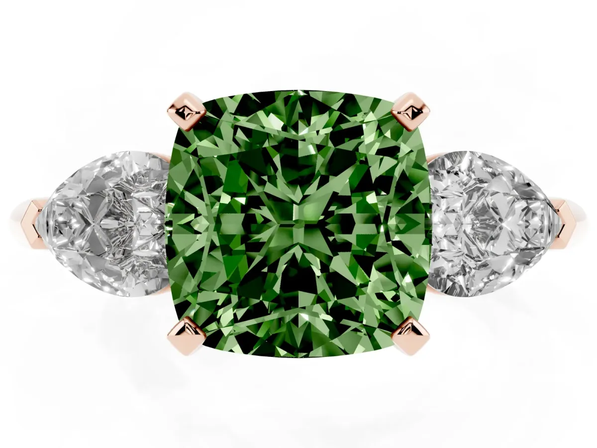 Fancy Green Three-Stone Cushion Cut Diamond Ring with Pear Side Stones and Four-Prong Setting Rose gold
