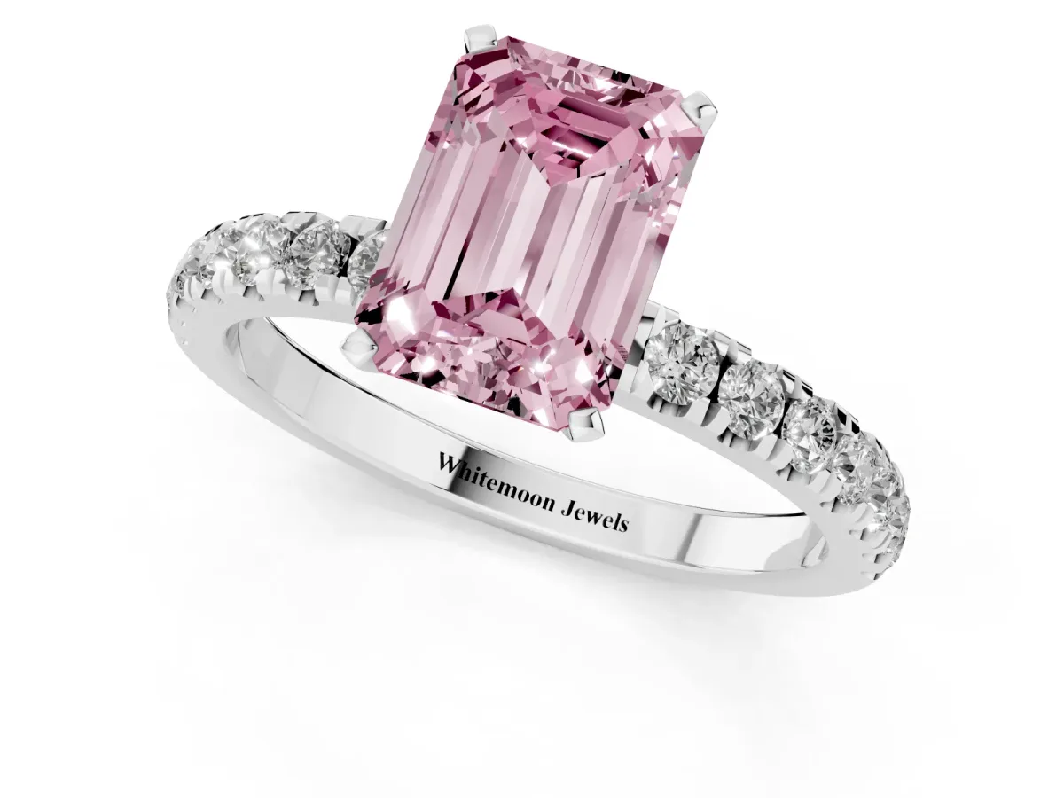 Fancy Pink Emerald Cut Diamond Solitaire Ring with Pavé Accents and Four-Prong Setting Platinum