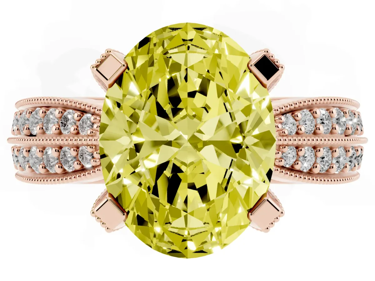 Fancy Yellow Oval Cut Diamond Solitaire Ring with Milgrain Round Pavé Band and Prong Setting Rose gold