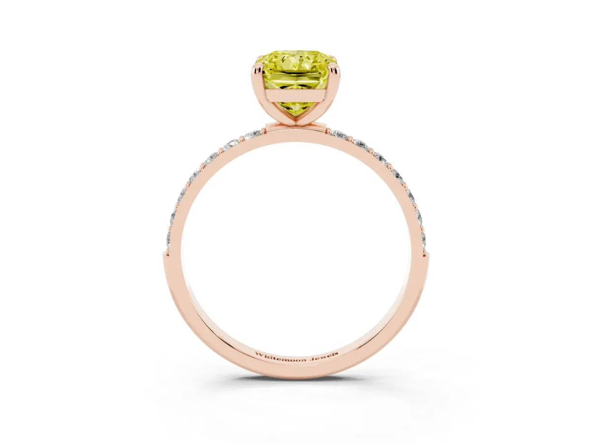 Fancy Yellow Radiant Cut Diamond Solitaire Ring with Round Pavé Band and Prong Setting Rose gold