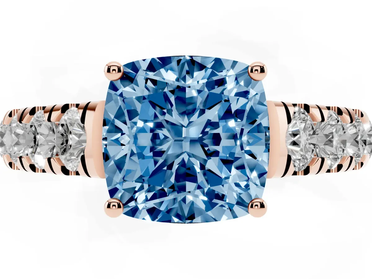Fancy Blue Cushion Cut Cut Diamond Solitaire Ring with Micro Pave Band and Prong Setting Rose gold