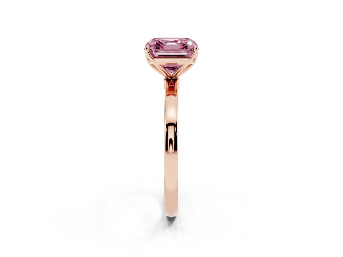 Fancy Pink Asscher Cut Diamond Solitaire Ring with Thin Band and Prong Setting Rose gold