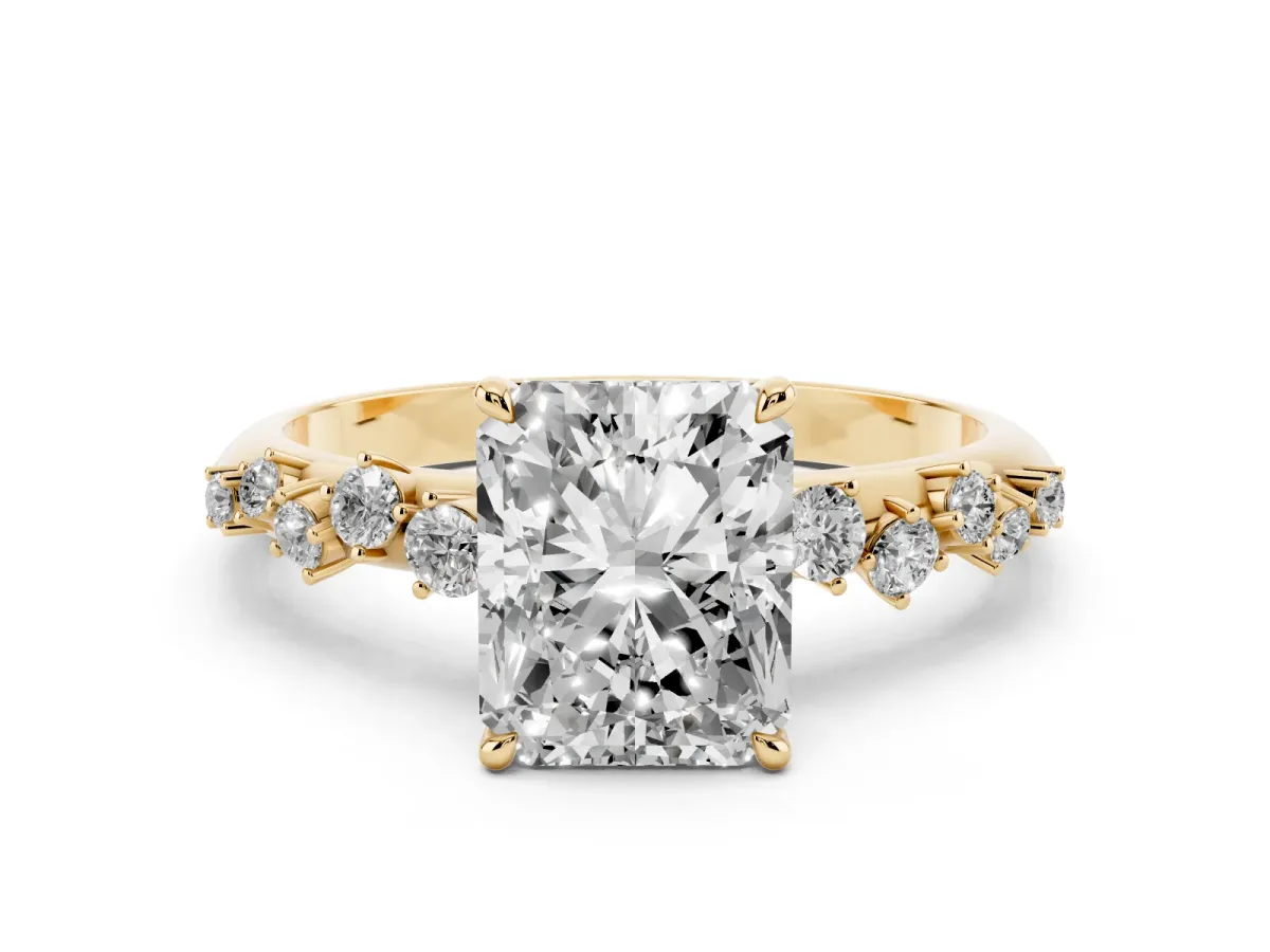 Radiant Cut Diamond Cluster Side Stone Solitaire Ring with Prong Setting Yellow gold