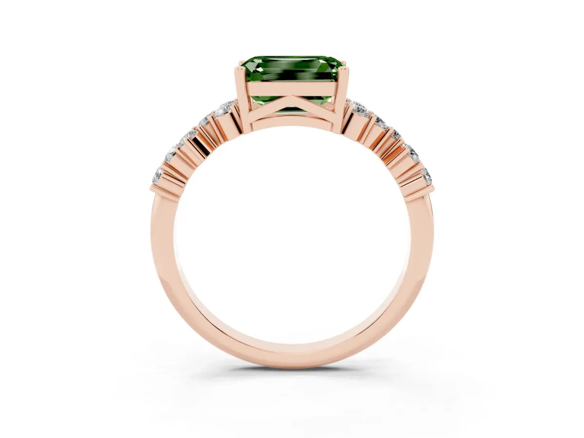 Fancy Green Emerald Cut Diamond Scattered Round Accent Ring with Prong Setting Rose gold