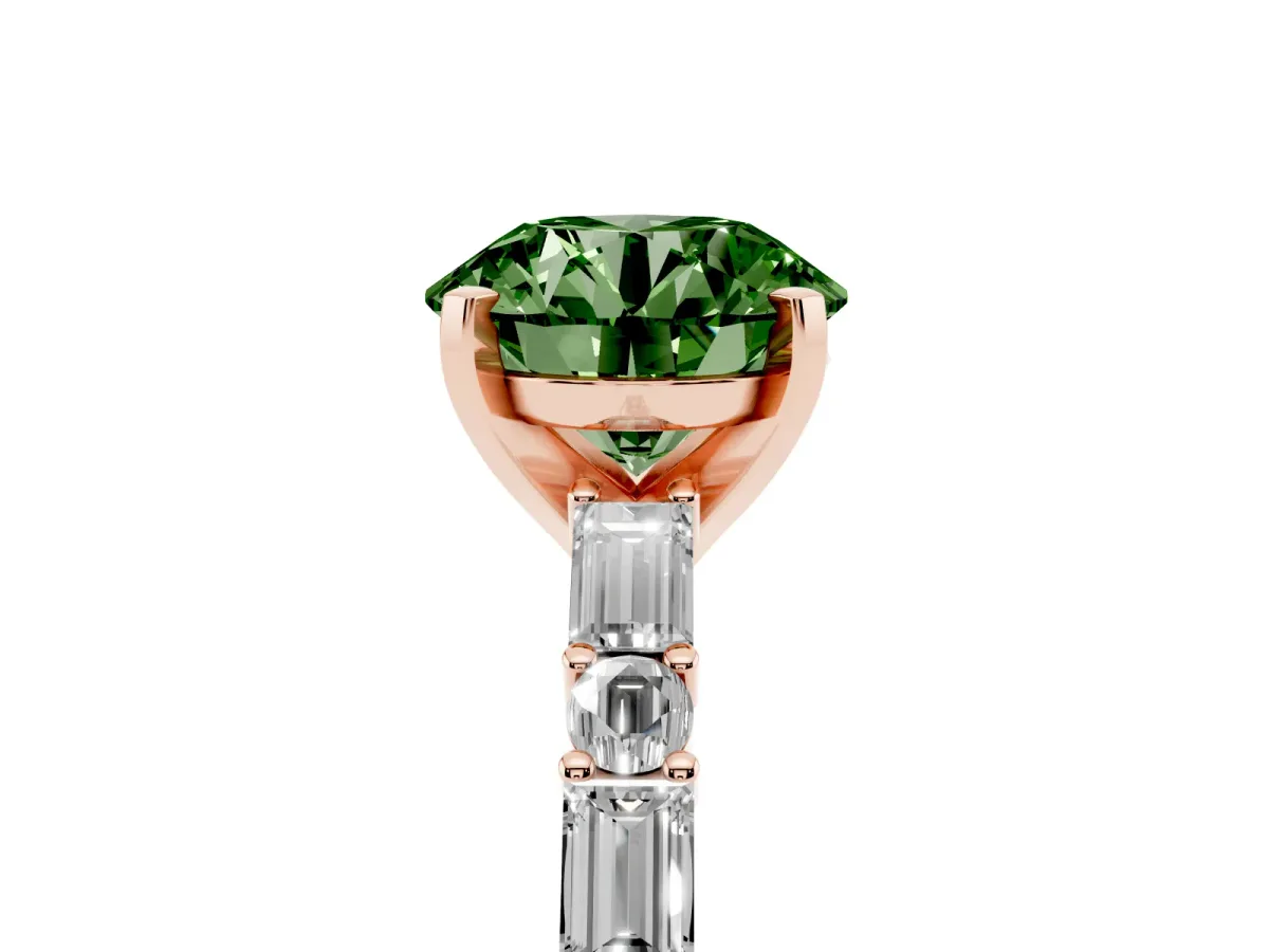 Fancy Green Round Cut Diamond Solitaire with Side Baguettes and Channel Set Band Rose gold