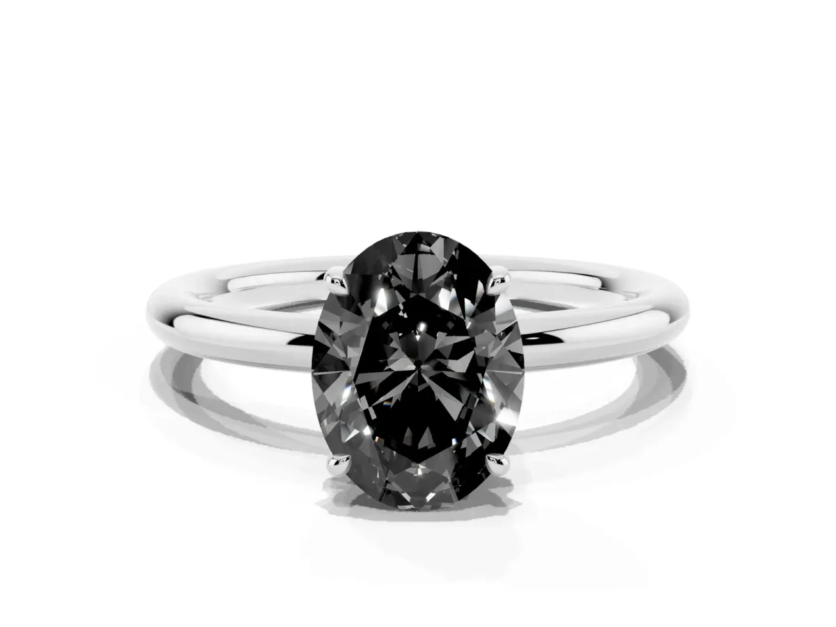 Fancy Black Oval Cut Diamond Solitaire Ring with Thin Band and Four-Prong Setting Platinum