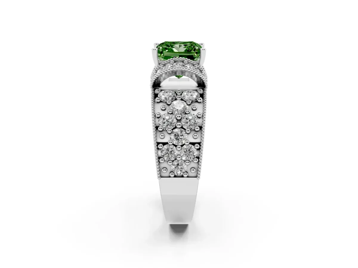 Fancy Green Princess Cut Halo Pave Diamond Engagement Ring with Milgrain Detailing White gold