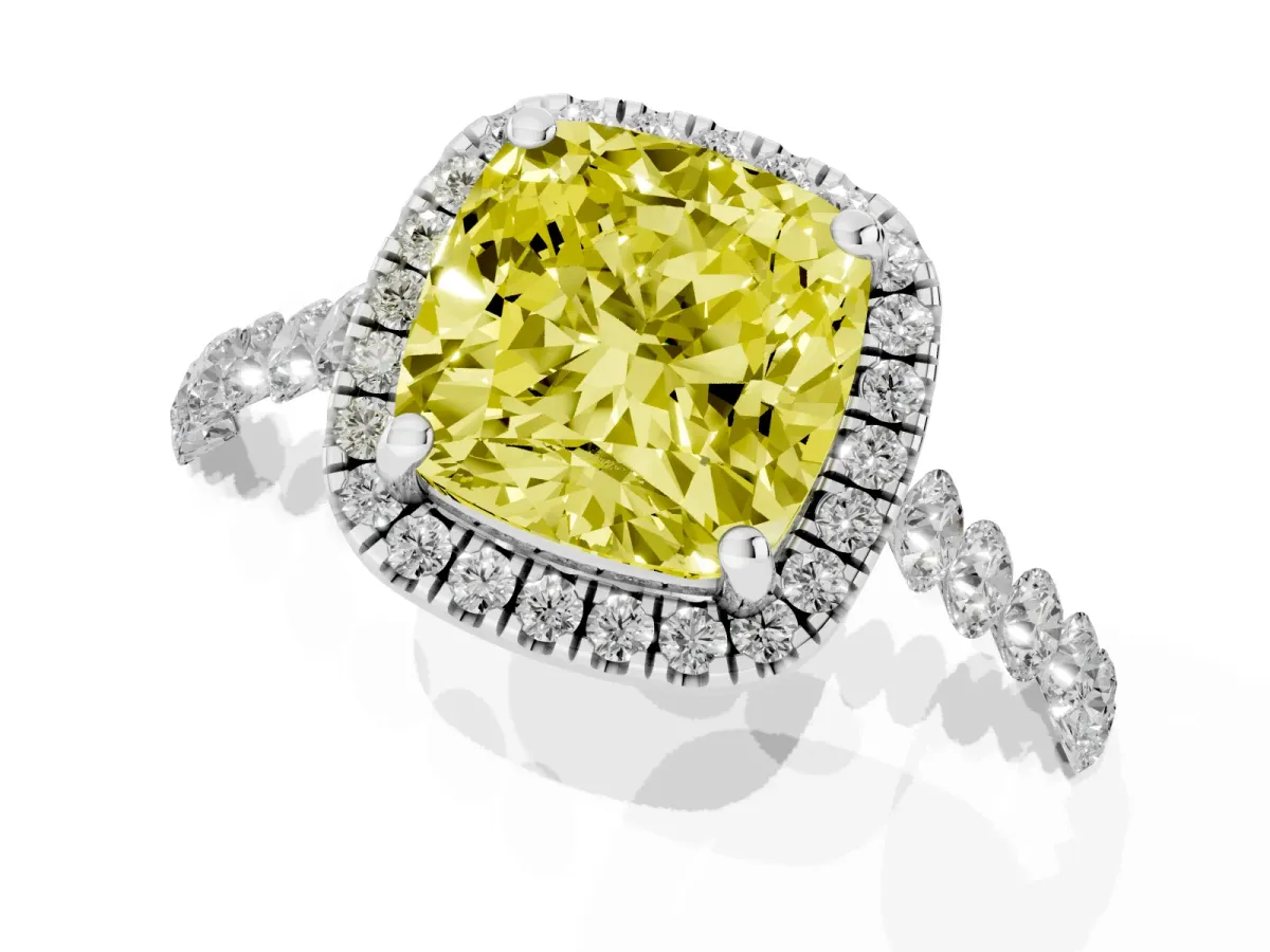 Fancy Yellow Cushion Cut Halo Pavé Diamond Engagement Ring with Four-Prong Setting White gold