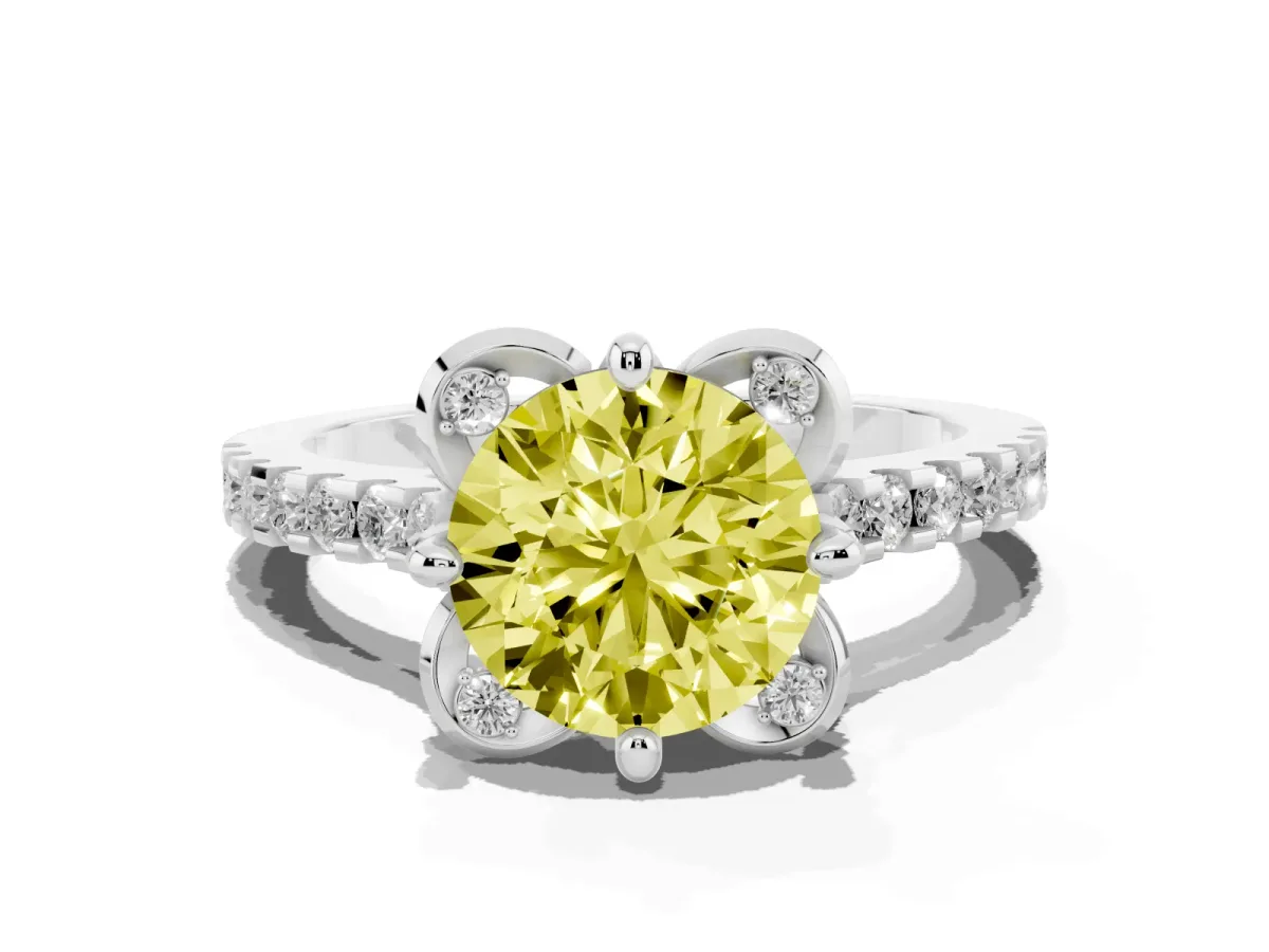 Fancy Yellow Round Cut Diamond Ring with Pavé Band and Floral Prong Setting White gold