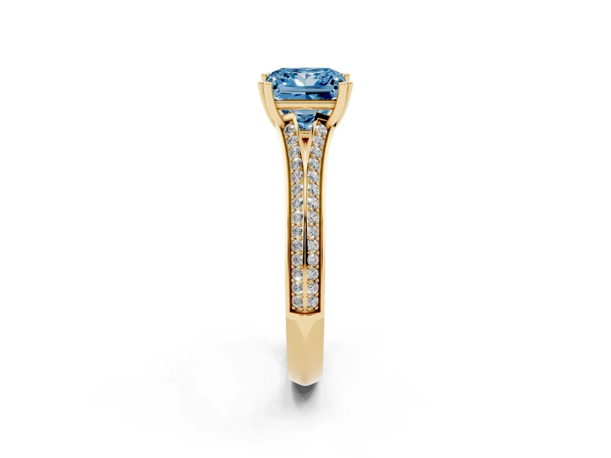 Fancy Blue Princess Cut Diamond Split Shank Engagement Ring with Pavé Band Yellow gold