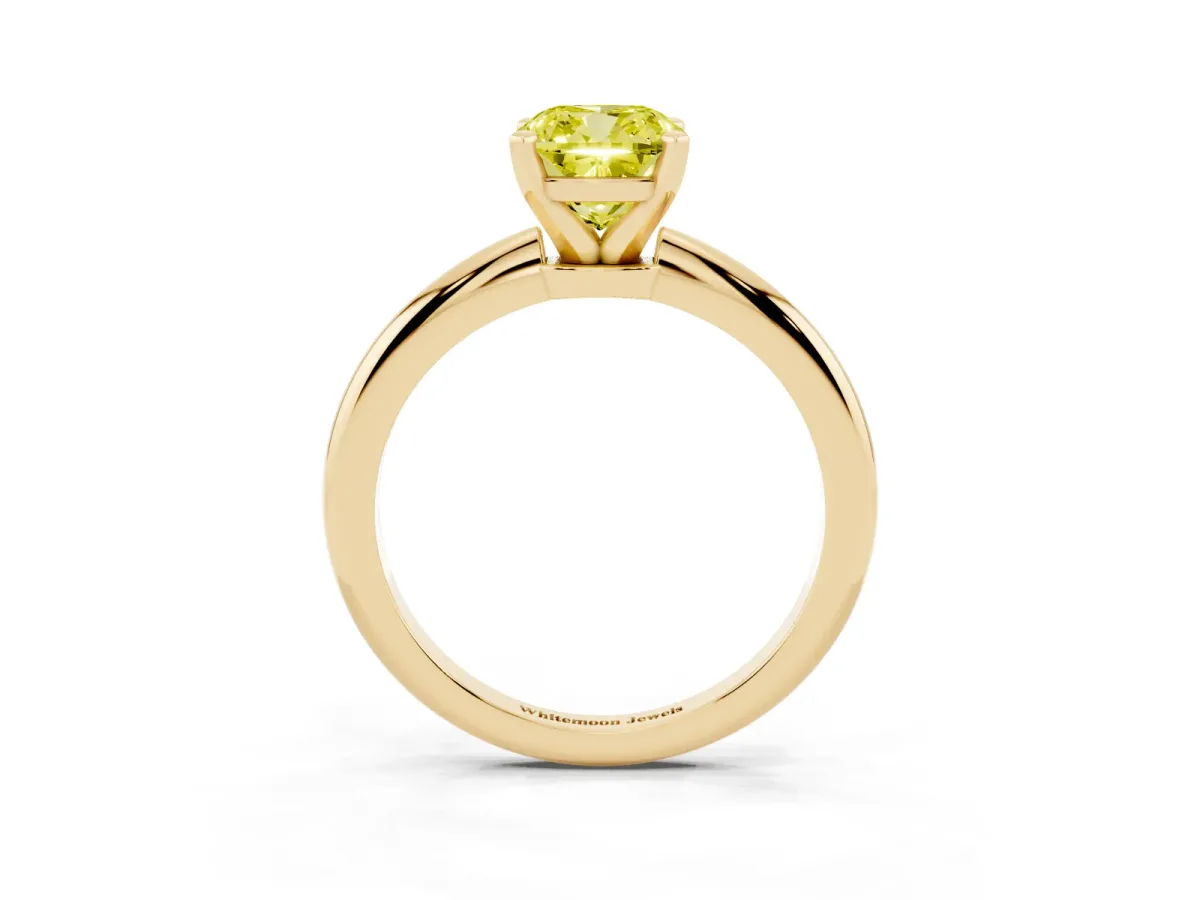 Fancy Yellow Cushion Cut Diamond Solitaire Ring with Prong Setting and Classic Band Yellow gold