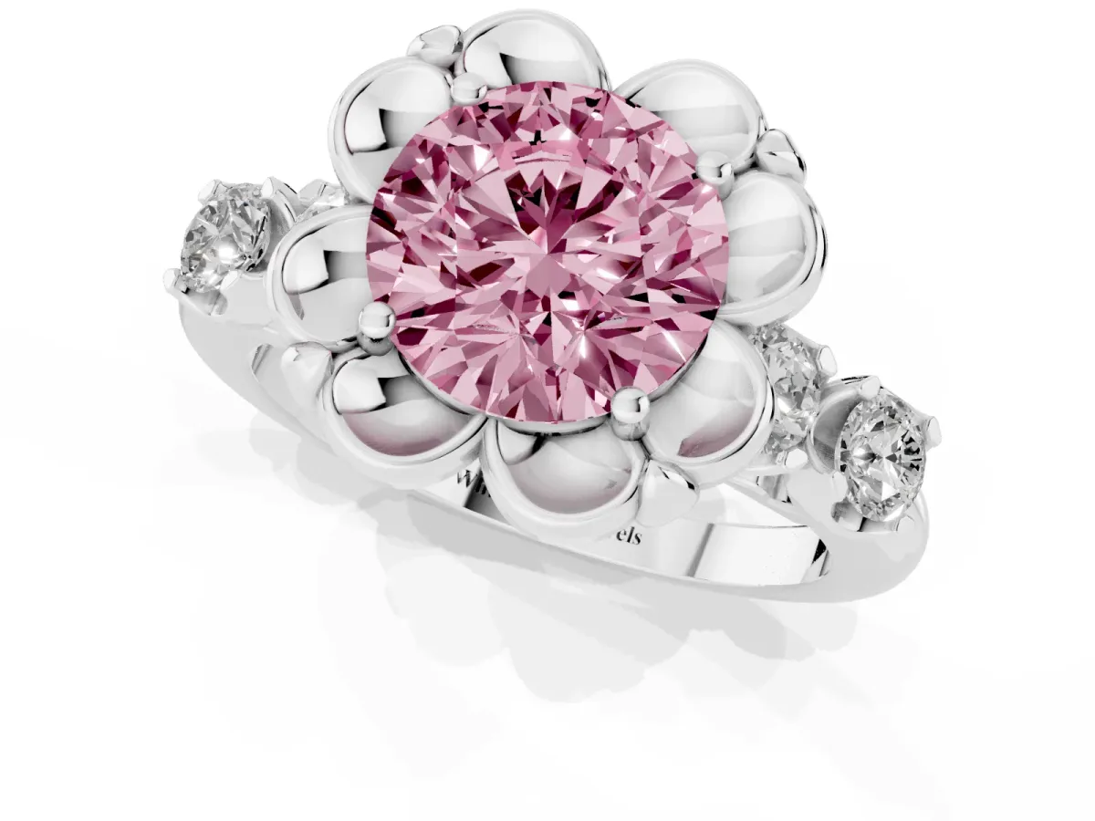 Fancy Pink Round Cut Cut Diamond Floral Halo Engagement Ring with Shared Prong Setting Silver