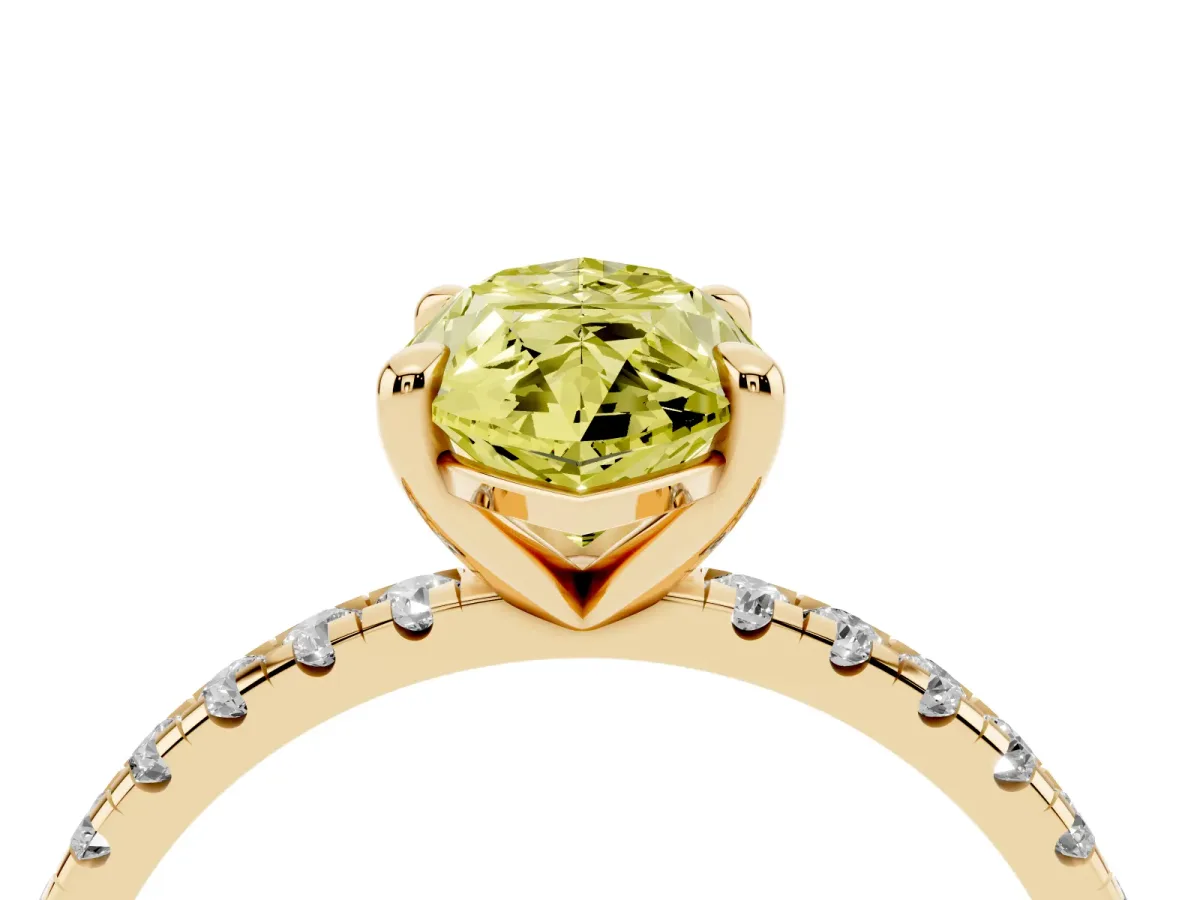 Fancy Yellow Marquise Cut Diamond Brilliant Solitaire Ring with Pavé Band and Four-Prong Setting Yellow gold