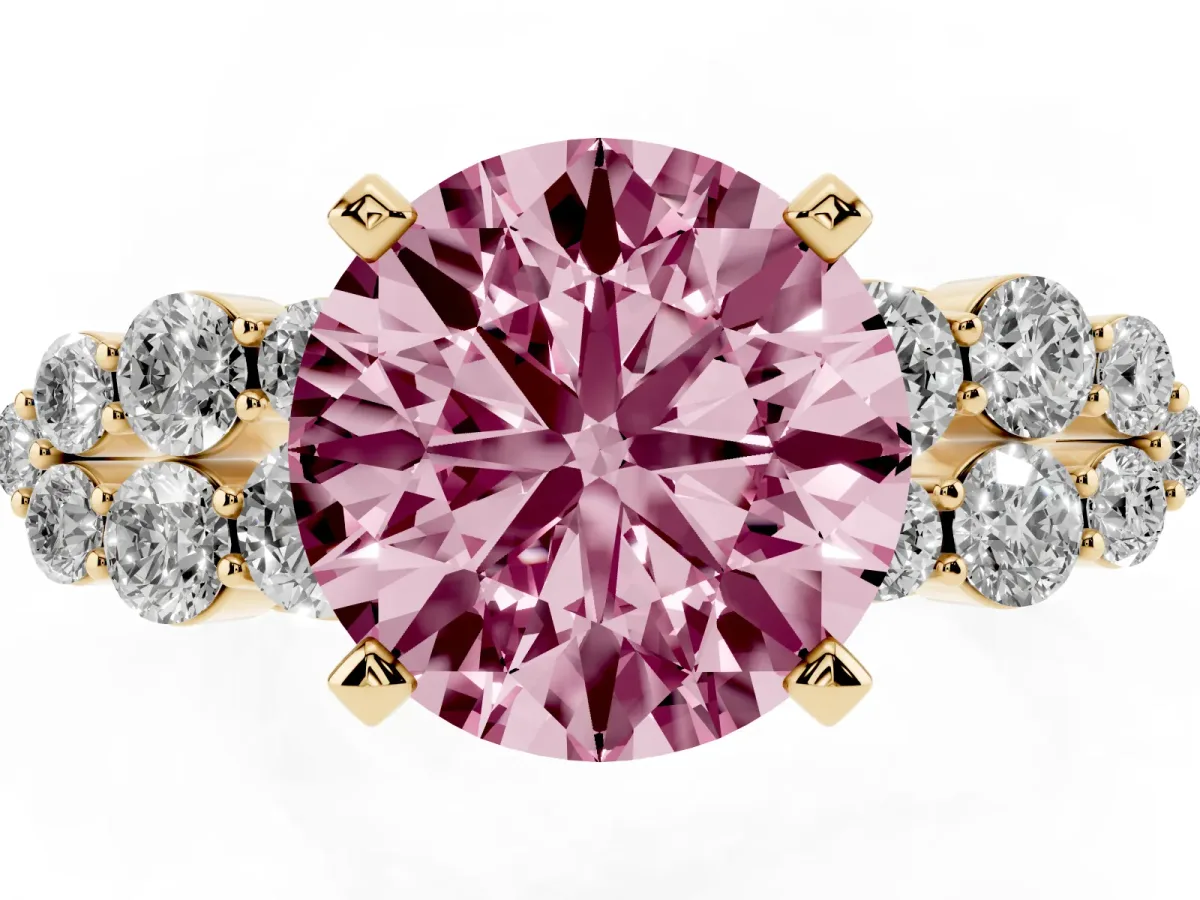 Fancy Pink Round Cut Cluster Diamond Engagement Ring with Pavé Band and Four-Prong Setting Yellow gold