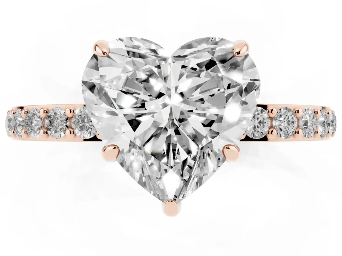 Heart Cut Diamond Pavé Engagement Ring with Round Accents and Prong Setting Rose gold