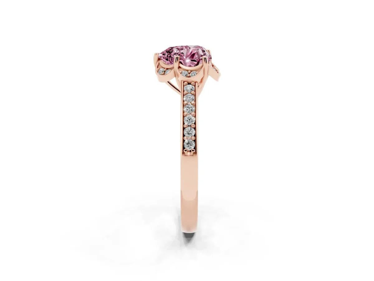Fancy Pink Heart Cut Cut Halo Diamond Ring with Channel Set Band and Four-Prong Setting Rose gold