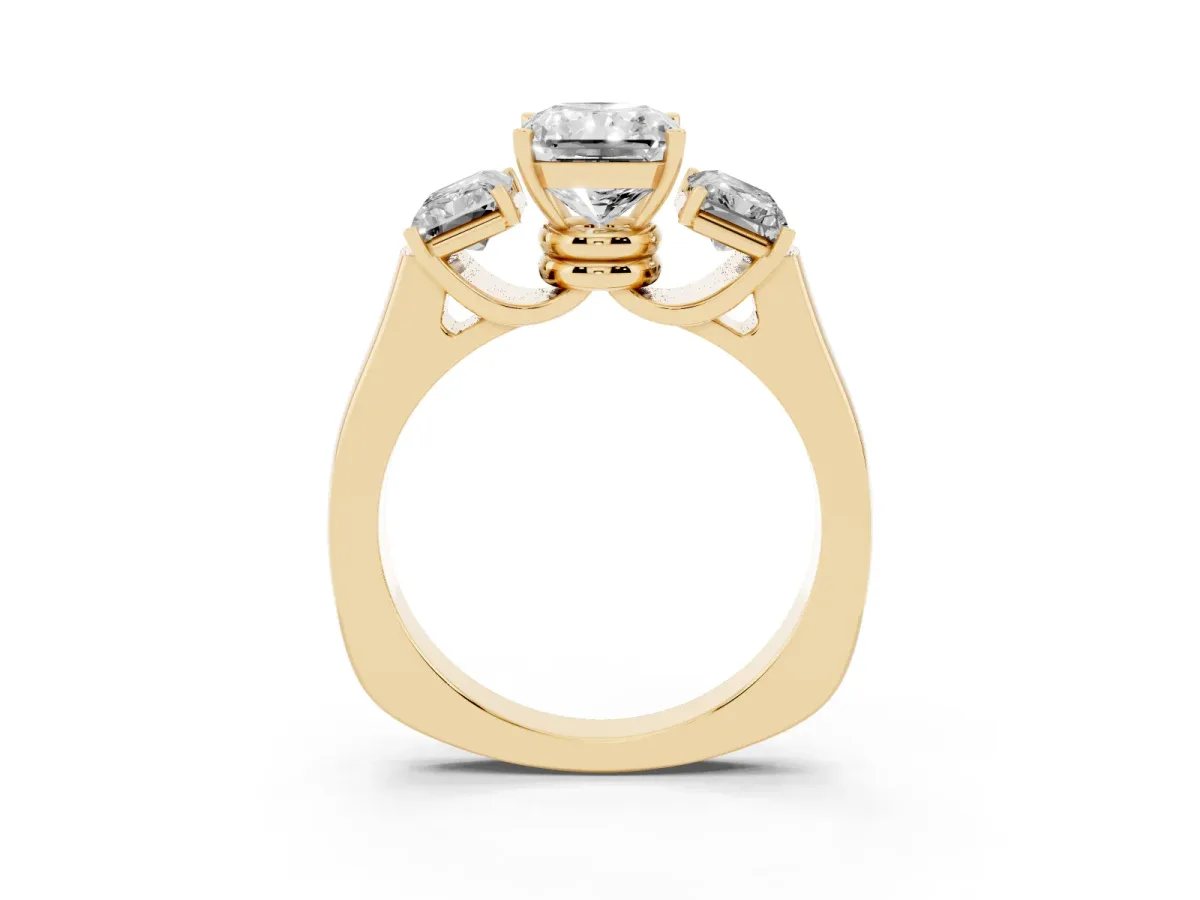 Three-Stone Radiant Cut Brilliant Diamond Trellis Ring with Comfort Fit Band Yellow gold