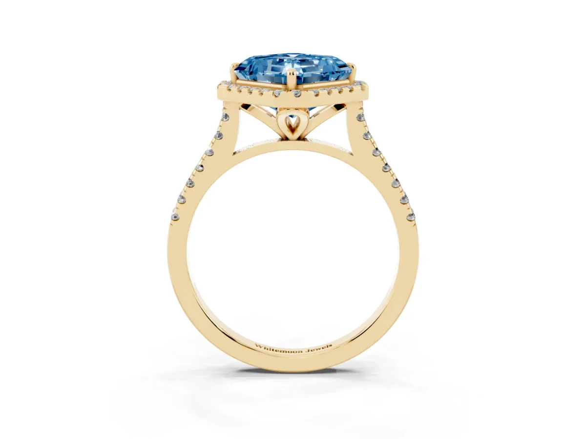 Fancy Blue Asscher Cut Diamond Cushion Halo Ring with Pavé Band Yellow gold