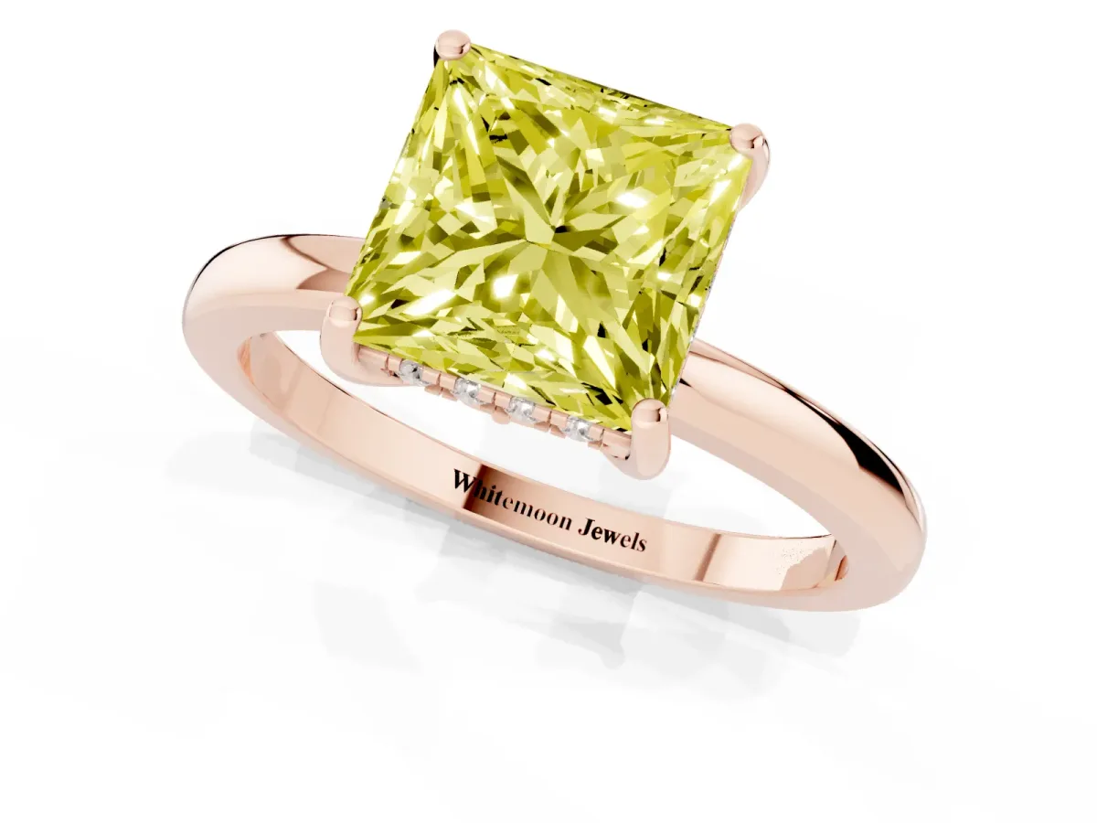 Fancy Yellow Princess Cut Solitaire Diamond Ring with Prong Setting and Plain Band Rose gold