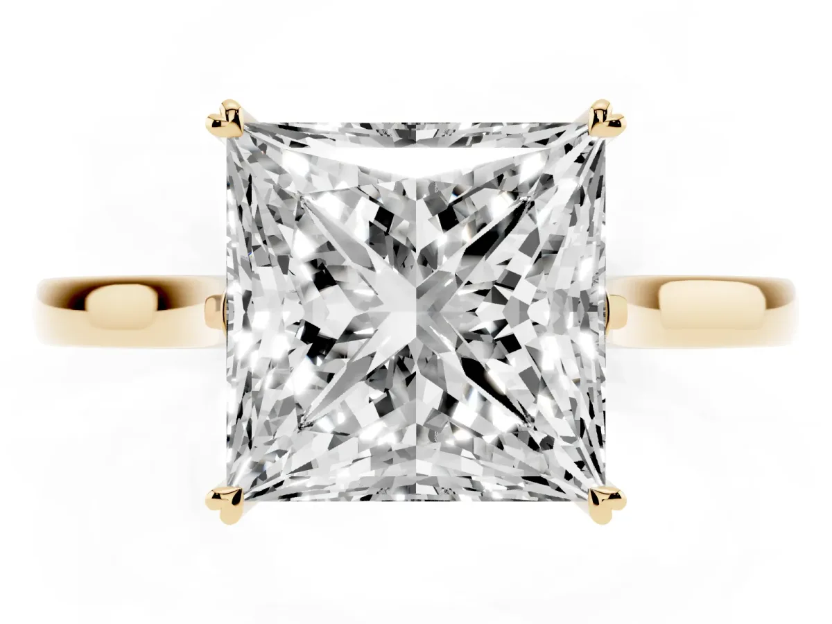 Princess Cut Solitaire Heart Prong Engagement Ring with Tapered Band Yellow gold