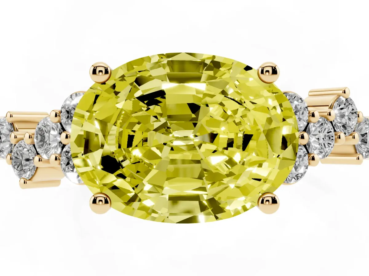 Fancy Yellow Oval Cut Diamond Scattered Round Accent Ring with Prong Setting Yellow gold