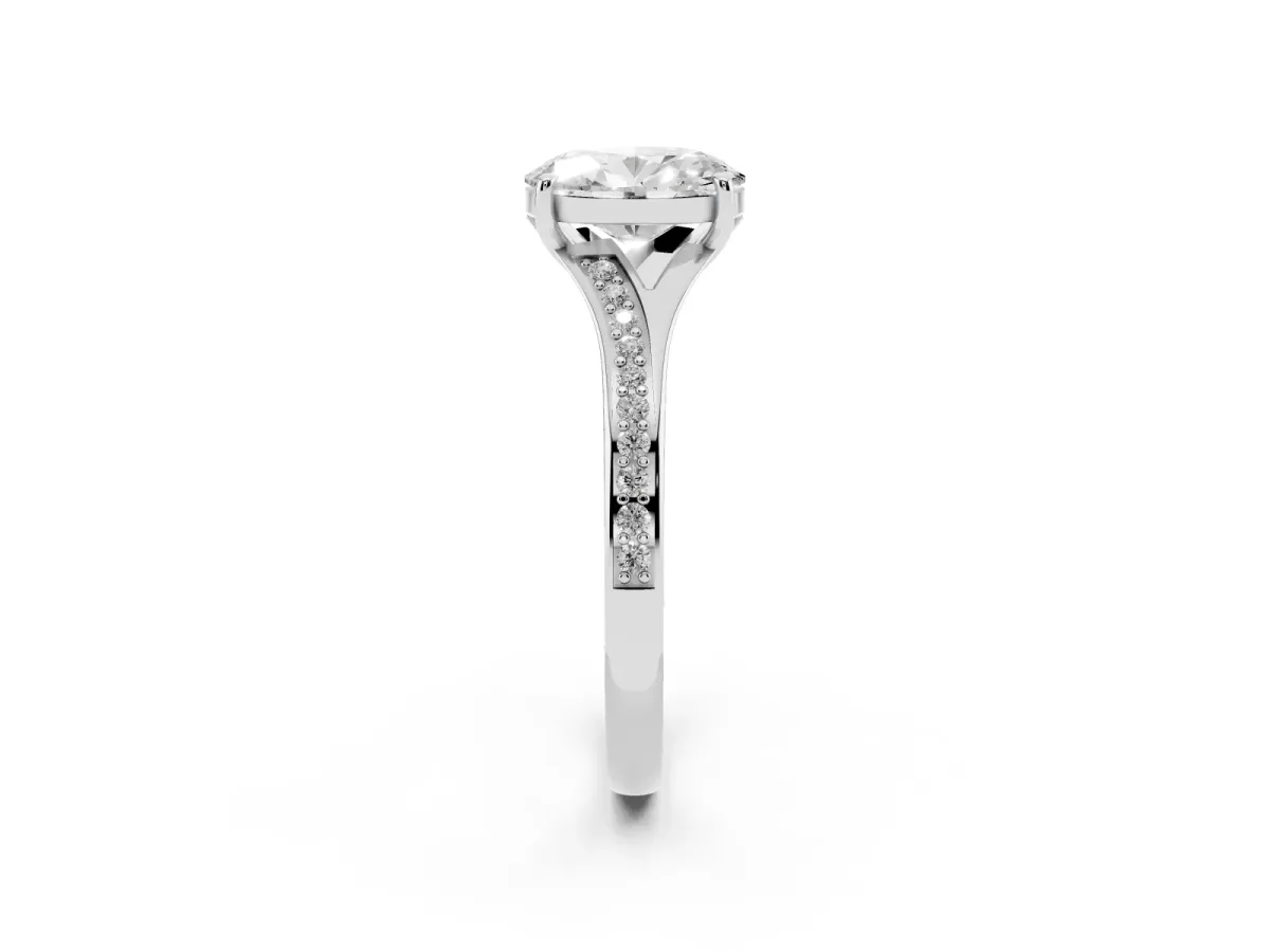 Oval Cut Diamond Solitaire Ring with Pavé Band and Prong Setting Silver