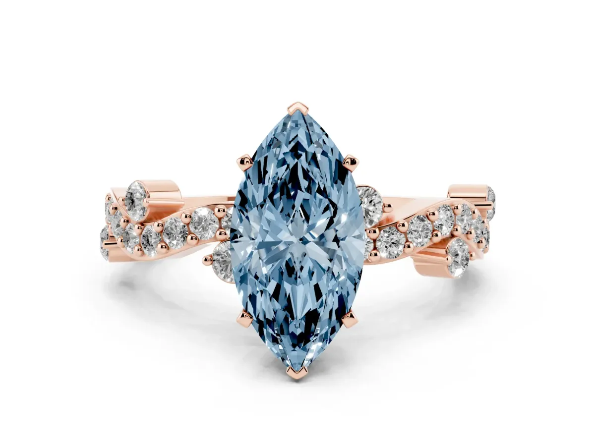 Fancy Blue Marquise Cut Cut Solitaire Diamond Twisted Band with Pave Setting Rose gold
